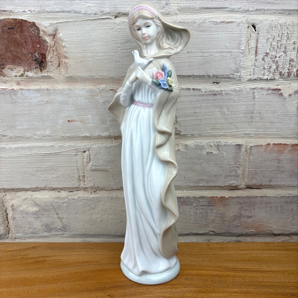 Porcelain Figurine Woman Dove Roses Veiled Cloak Cottagecore Grandmillennial